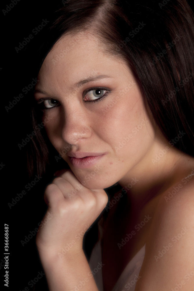 portrait woman dark hair hand chin portrait woman dark hair hand chin