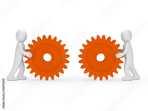 men push orange gear