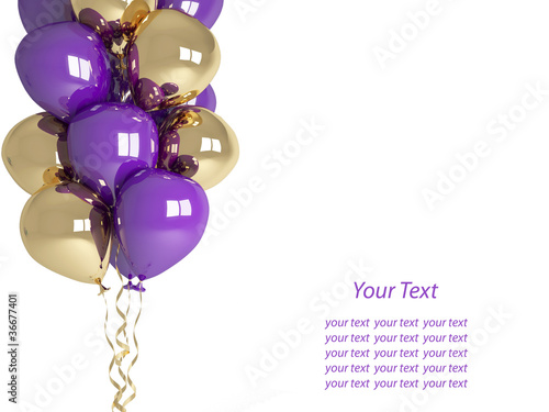 Happy birthday gold and purple balloons isolated on white backgr