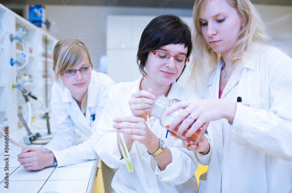 three female researchers/chemistry students three female researchers/chemistry students