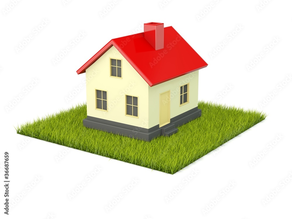 House on green grass isolated on white