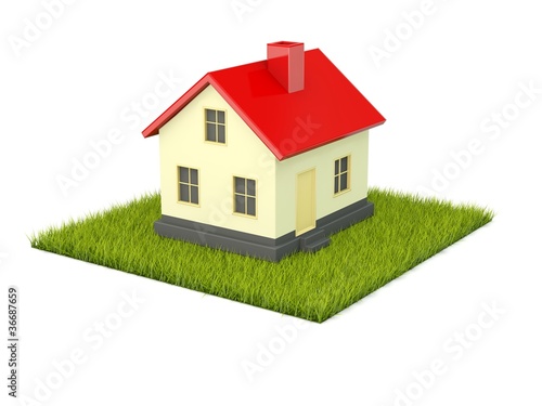 House on green grass isolated on white