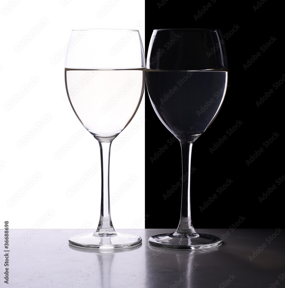wine glasses on the black and white contrast background