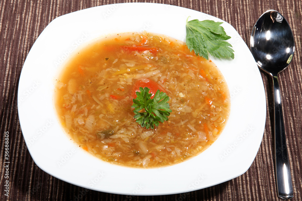 Suppe serviert mit Petersilie garniert Nahaufnahme Suppe serviert mit Petersilie garniert Nahaufnahme