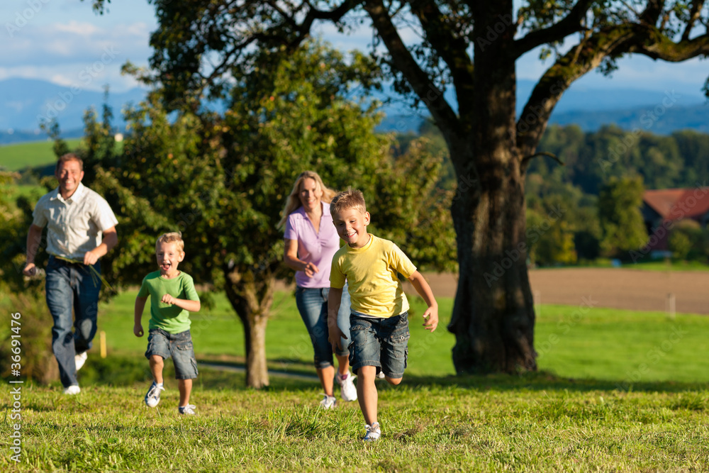 Familie im Freien läuft auf einer Wiese Familie im Freien läuft auf einer Wiese
