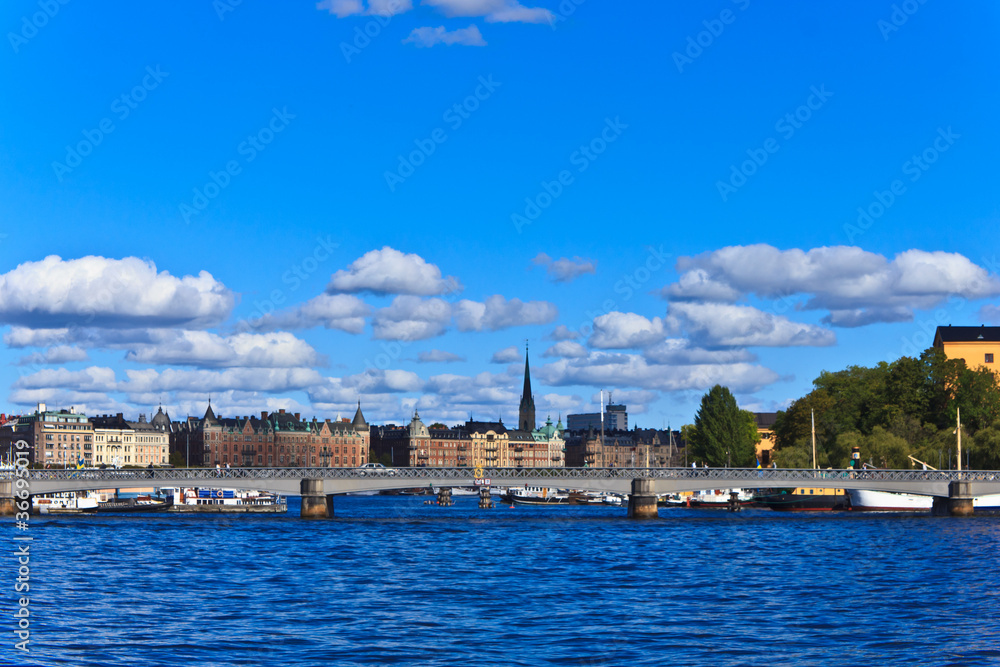 View of buildings and bridge in Stockholm city, Sweden