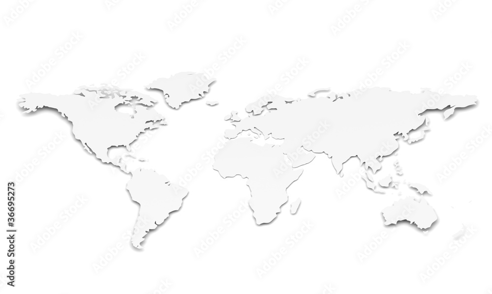 A World Map in 3D. Paper Shape, thin and shallow. White A World Map in 3D. Paper Shape, thin and shallow. White