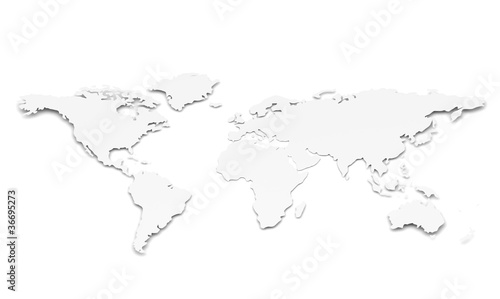 A World Map in 3D. Paper Shape, thin and shallow. White