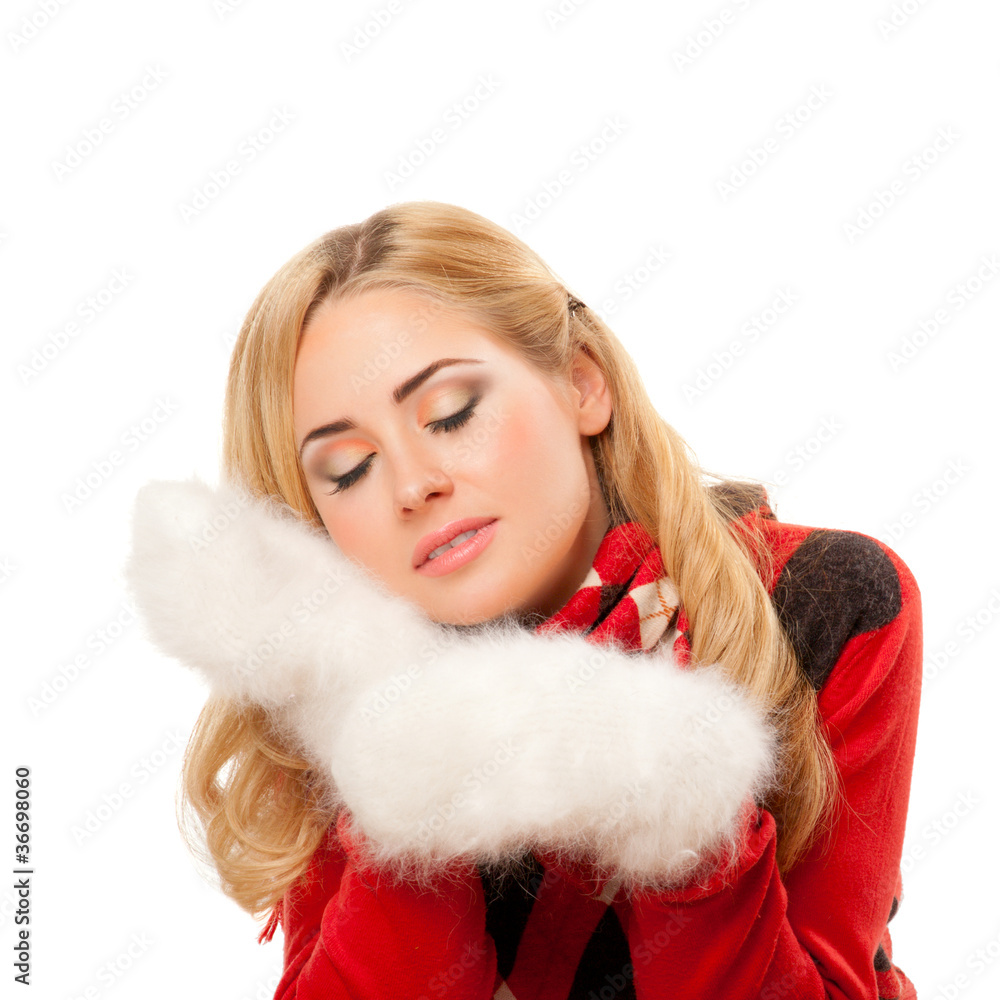 Young woman with fleecy mittens Young woman with fleecy mittens