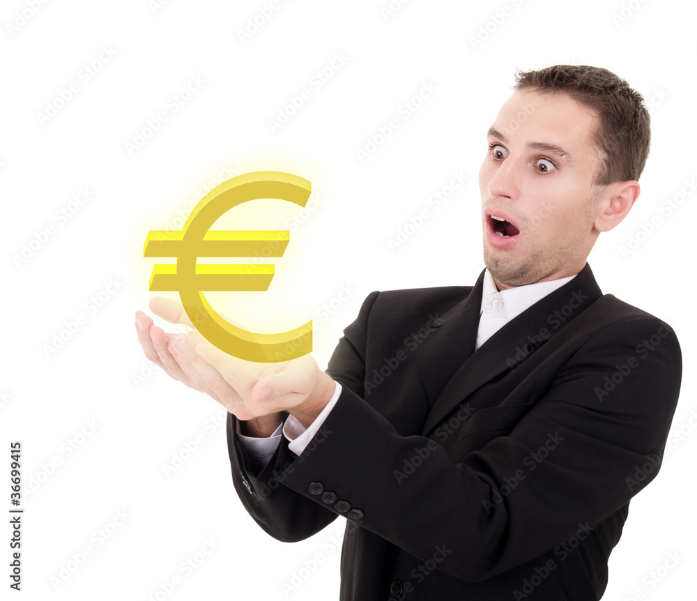 businessman chooses golden euro sign businessman chooses golden euro sign