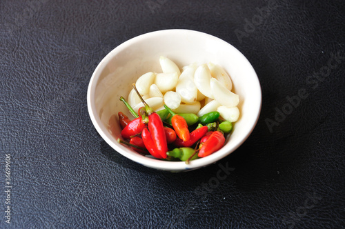 Closeup food ingredient, garlic and chlli