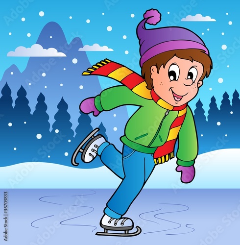Winter scene with skating boy