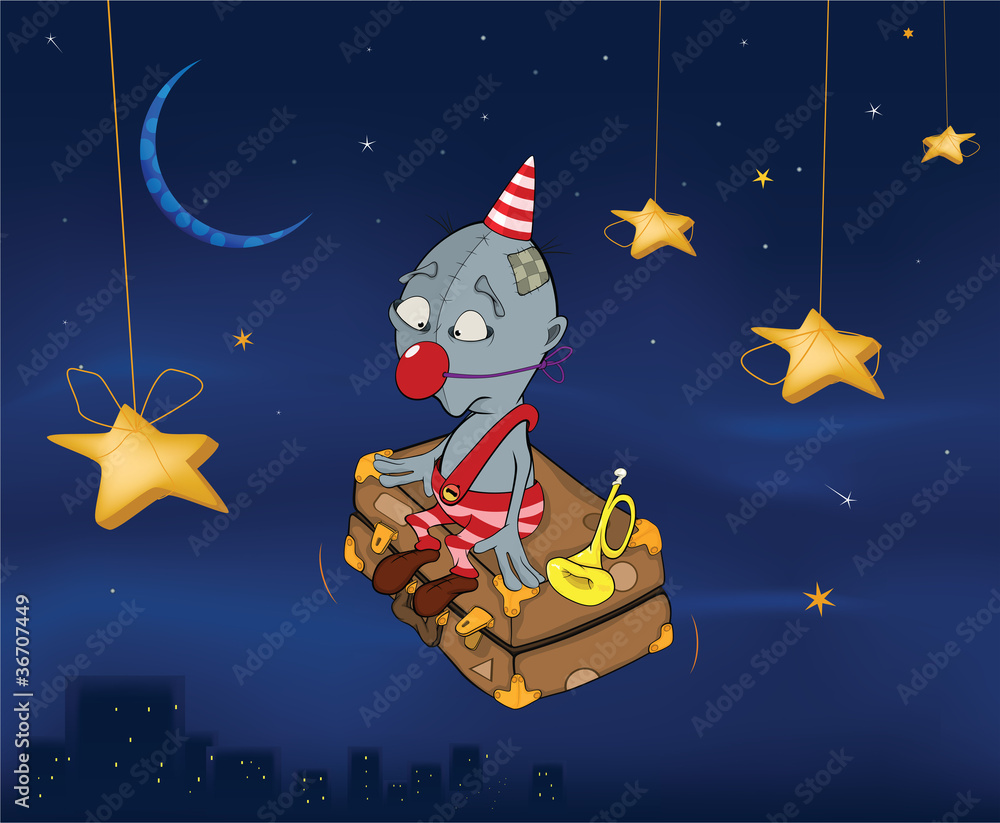Naklejka premium The clown flies on a suitcase.Celebratory night. Cartoon