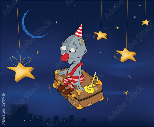 The clown flies on a suitcase.Celebratory night. Cartoon