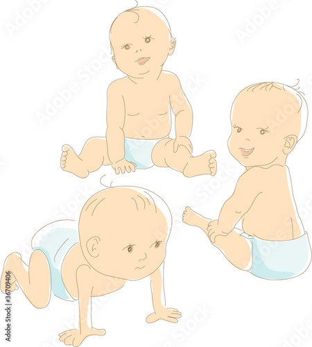 Funny babies in diapers, crawling, sitting, vector illustration