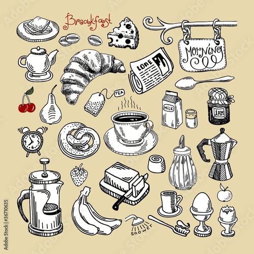 hand draw sketch morning breakfast set