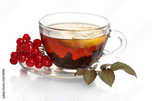 Black tea with red viburnum and lemon in glass cup isolated