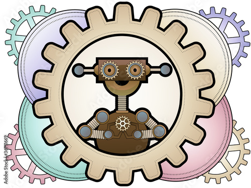 Steampunk robot inside colorful gears holding gears