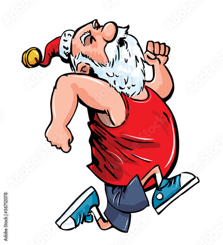 Cartoon Santa running for exercise.