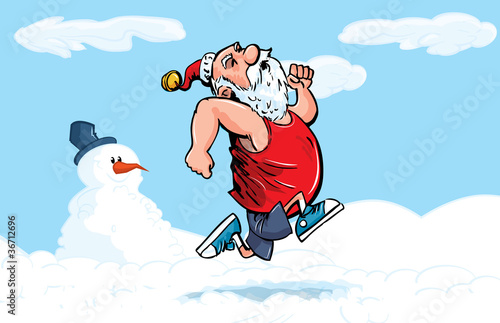 Cartoon Santa running for exercise in the snow