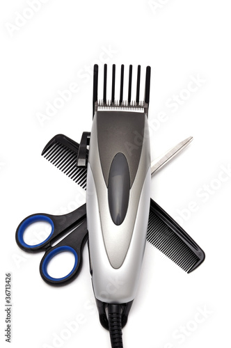 hair clipper, comb and scissors