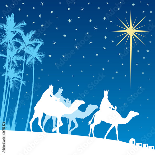 Classic three magi scene and shining star of Bethlehem.