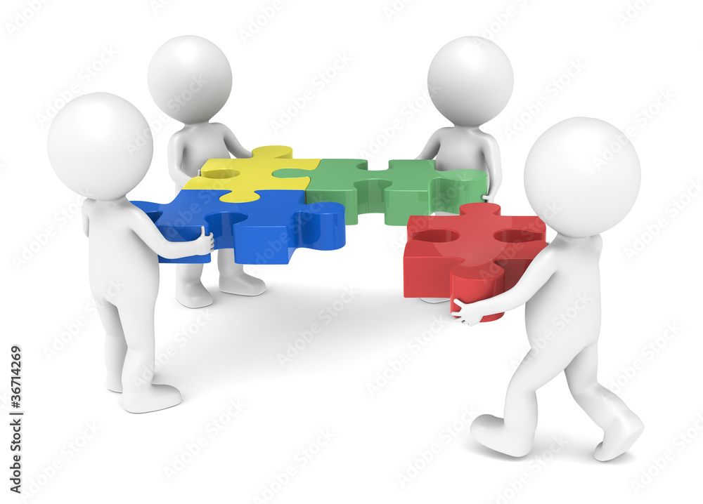 3d little human character X4 The Team solving a jigsaw puzzle. 3d little human character X4 The Team solving a jigsaw puzzle.