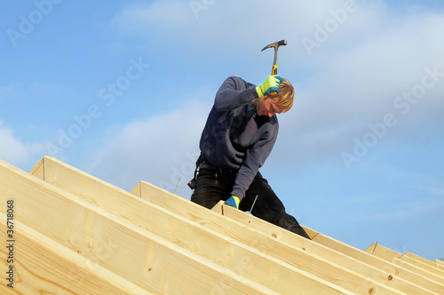 carpenters setting up a roof framework photo