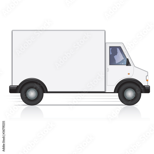 Vector white van and man driver. Isolated.