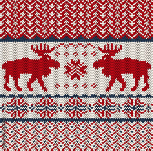 Knitted background with Christmas deers and snowflake