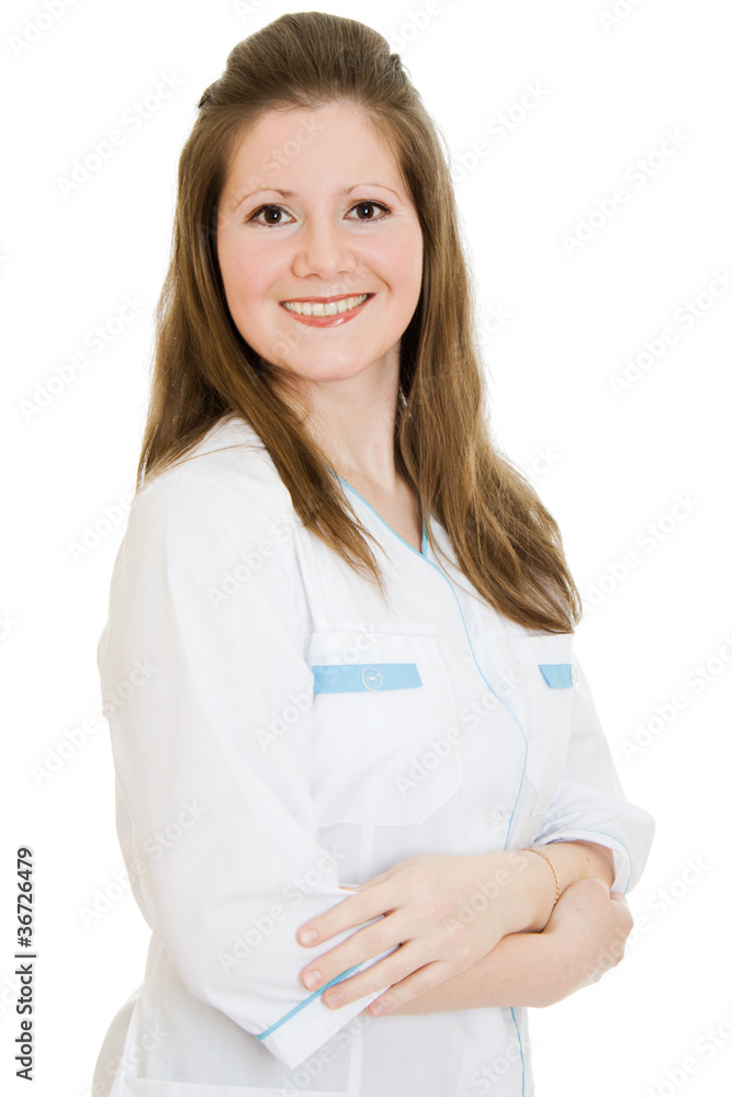 Female doctor smiling on white background. Female doctor smiling on white background.