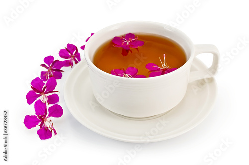 Herbal tea in a white cup with fireweed