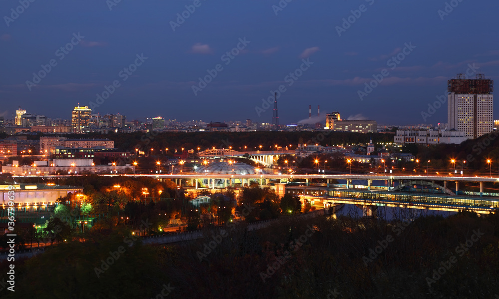 View from Vorobyovy Hills, bridge across Moskva River in Moscow