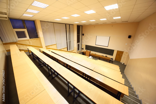 Large classroom, university lecture hall; big blackboard