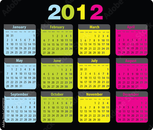 Calendar 2012 monday-sunday