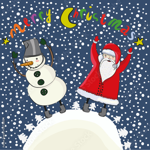 cartoon christmas Santa and snowman