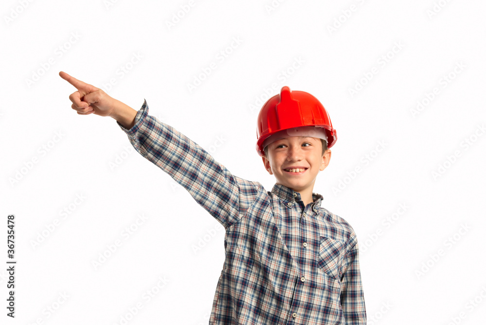 bambino con caschetto rosso che indica - child that points out bambino con caschetto rosso che indica - child that points out