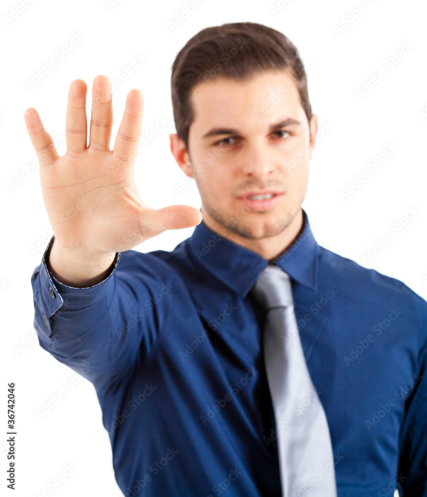 Happy businessman showing five fingers, isolated on white