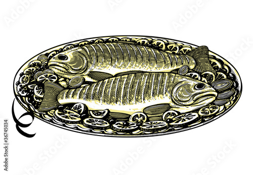 Vector illustration of roasted fish in vintage engraved style