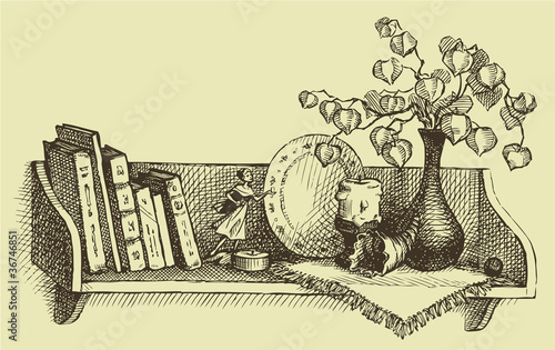 Vector Sketch a shelf with books and souvenirs photo