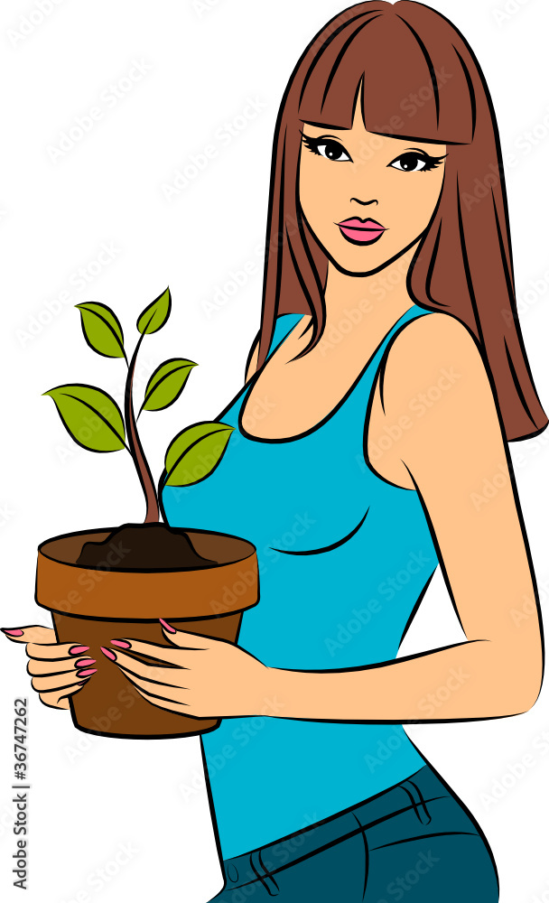 beautiful fashionable girl with a plant in a pot beautiful fashionable girl with a plant in a pot
