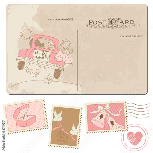 Vintage Postcard and Postage Stamps - for wedding design