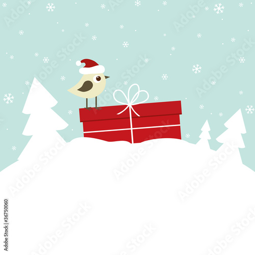 Winter card with bird and gift box