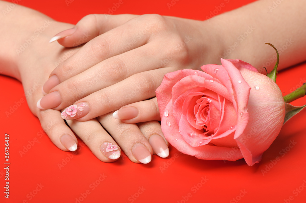 Manicure. Female hands on red background Manicure. Female hands on red background