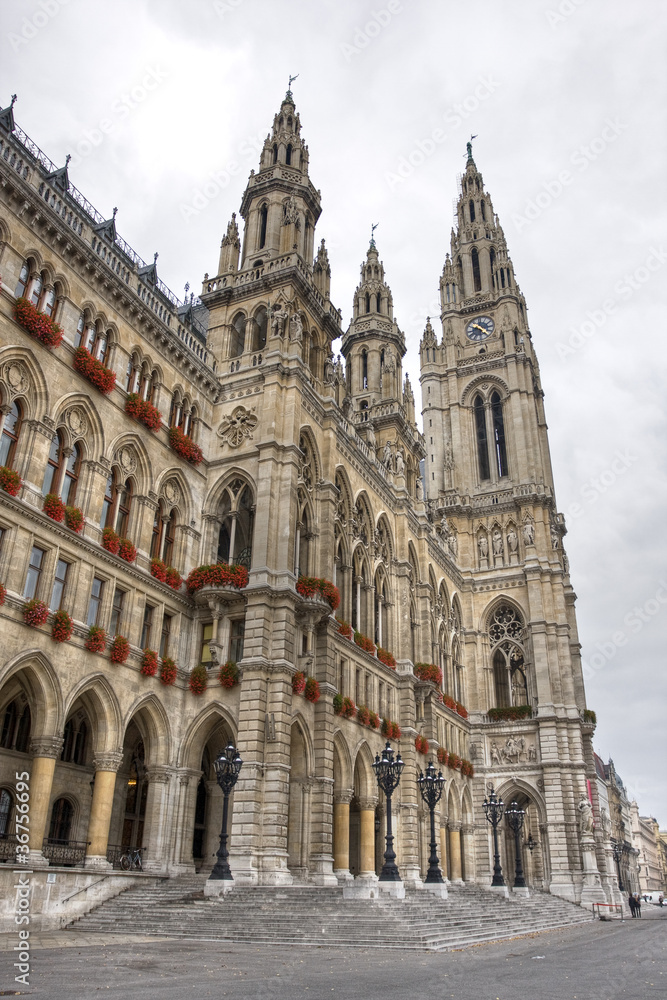 Rathaus. Tall gothic building of Vienna city hall
