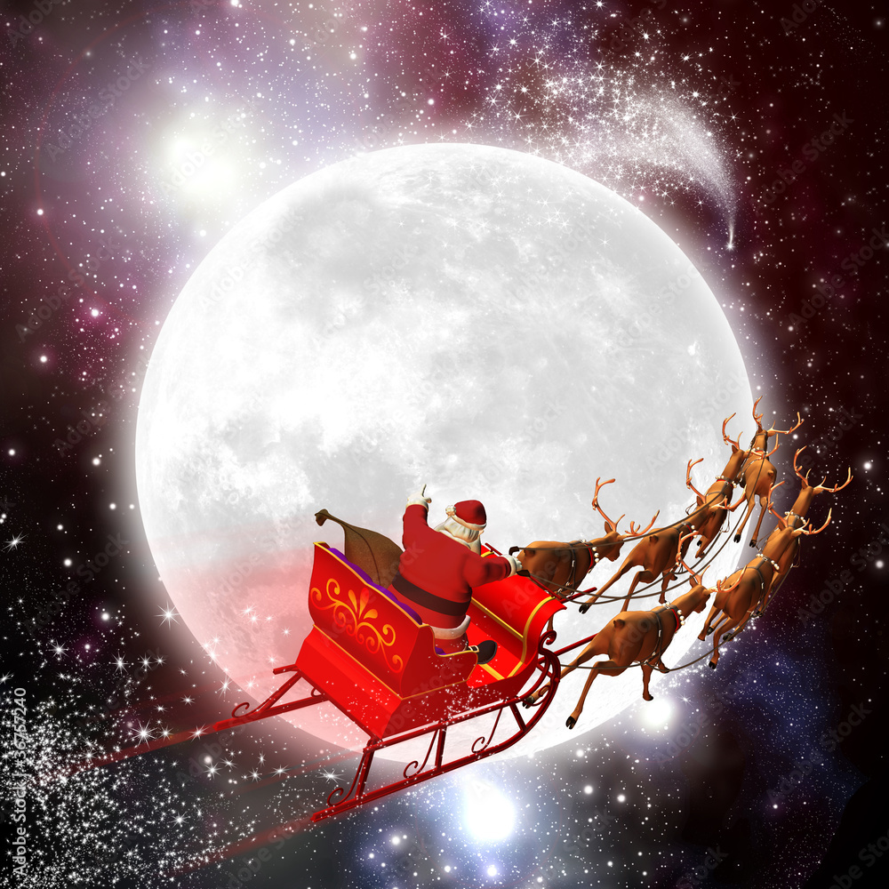 Weihnachtsmann mit Rentierschlitten, Mond, Weltraum