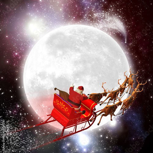 Obraz na płótnie Weihnachtsmann mit Rentierschlitten, Mond, Weltraum w salonie