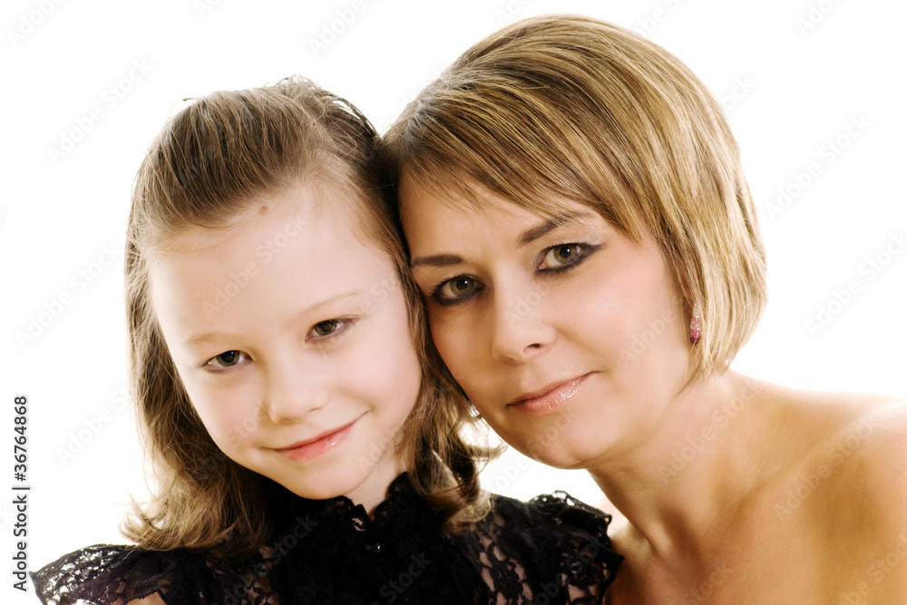 studio photo of a mother and daughter isolated on white studio photo of a mother and daughter isolated on white