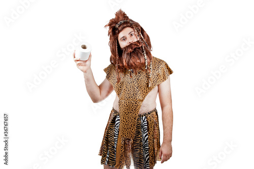Caveman with a roll of toilet paper.
