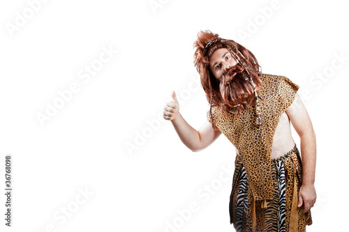 Caveman showing thumbs up sign on isolated background